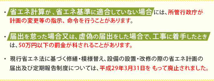  省エネ計算が 、省エネ基準に適合していない場合には、所管行政庁が
　計画の変更等の指示、 命令を行うことがあります。・  届出を怠った場合又は、虚偽の届出をした場合で、工事に着手したとき
　は、50万円以下の罰金が科されることがあります。現行省エネ法に基づく修繕・模様替え、設備の設置・改修の際の省エネ計画の
　届出及び定期報告制度については、平成29年3月31日を もって廃止されました。